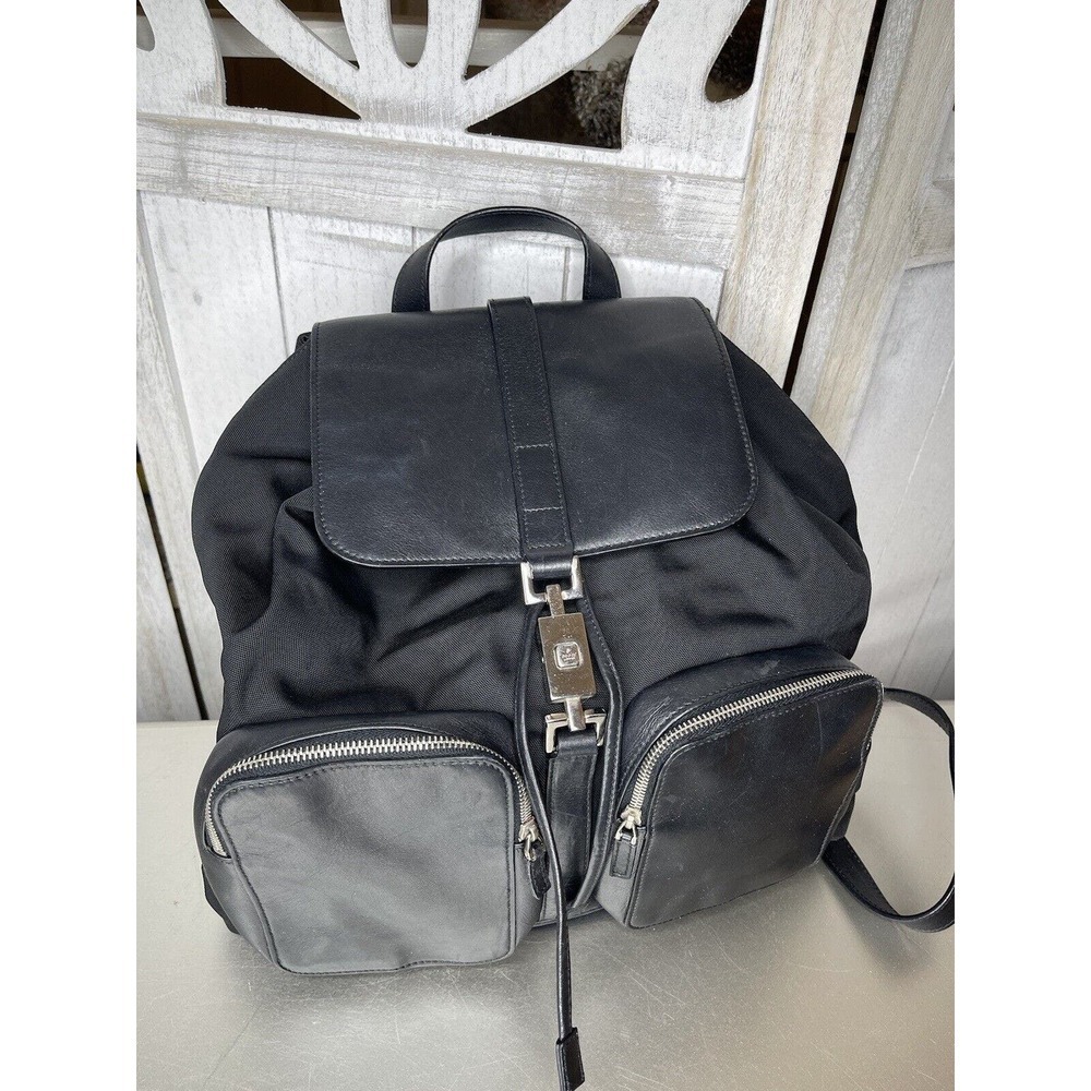 Authentic GUCCI Backpack Bag Black Leather Nylon Printed Logo Silver Metal